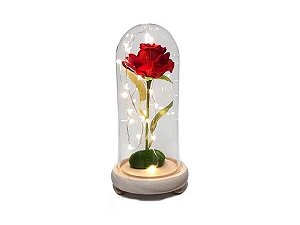 Enfeite decorativo Modelo Cúpula de Vidro e Base em madeira com Rosa Permanente