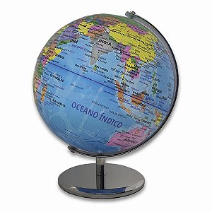 Globo Terrestre Decorativo PVC Legendas em Português Escala 1:64000000 20CM Aro de Metal Base Cromo