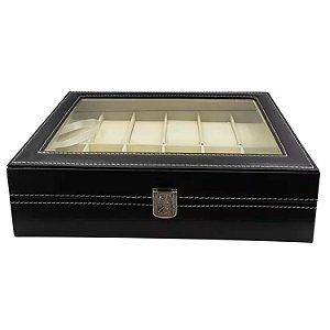 Estojo Para 12 Relógios Com Vidro Preto Com Interno Aveludado Gelo Caixa Maleta Porta Relógio