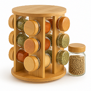 Porta Temperos Giratório Bambu com 12 Potes de Vidro Herméticos Design Sofisticado Premium