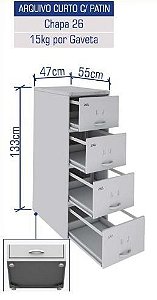 ARQUIVO DE AÇO 4 GAVETAS | CHAPA 26 CURTO