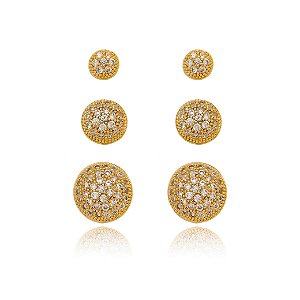 Brinco de trio dourado de zirconia banho em ouro 18k