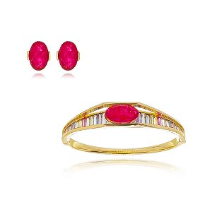 Conjunto de brinco e bracelete cravejado de zirconia e pedra fusion banho em ouro 18k