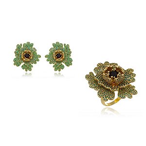 Conjunto luxo de brinco e anel banho em ouro 18k