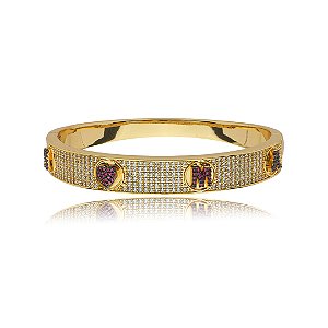 Bracelete dourado cravejado de zircônia cristal e pink banho em ouro 18k