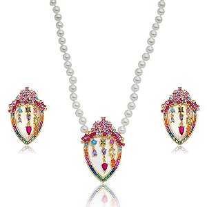 Conjunto de brinco e colar luxo cravejado de zirconia banho em ouro 18k