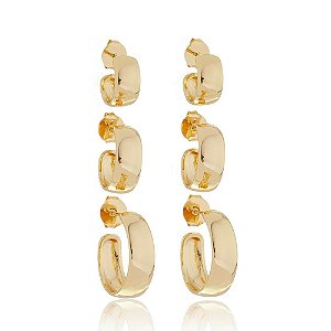 Brinco de trio de argola dourado banho em ouro 18k