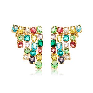 Brinco ear cuff cravejado de zirconia rainbow banho em ouro 18k