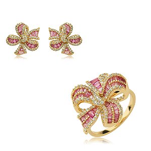 Conjunto de brinco e anel de zirconia banho em ouro 18k