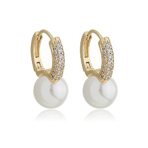 Brinco de argola com perola banho em ouro 18k