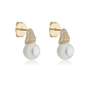 Brinco de perola com zirconia cristal banho em ouro 18k