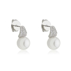 Brinco de perola com zirconia cristal banho em rodio branco