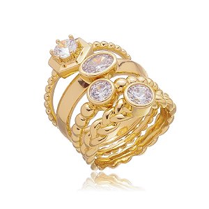 Conjunto de anel cravejado de zirconia cristal banho em ouro 18k