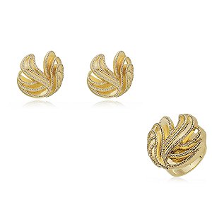 Conjunto de brinco e anel cravejado de zircônia cristal banho em ouro 18k