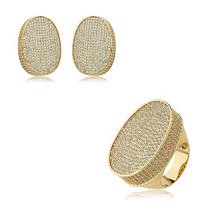 Conjunto de brinco e anel cravejado zirconia cristal banho em ouro 18k