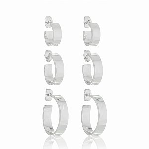 Brinco de trio de argola banho em rodio branco