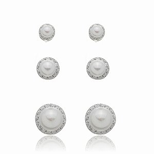 Brinco de trio de zirconia banho em rodio branco