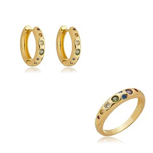 Conjunto de brinco e anel dourado banho em ouro 18k