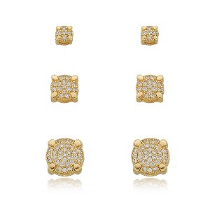 Brinco de trio de zirconia banho em ouro 18k