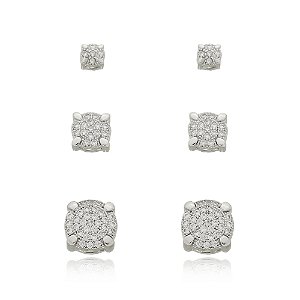 Brinco de trio de zirconia banho em rodio branco
