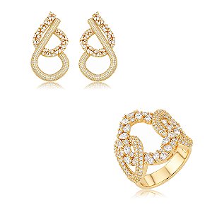 Conjunto luxo de brinco e anel cravejado em zircônia cristal banho em ouro 18k