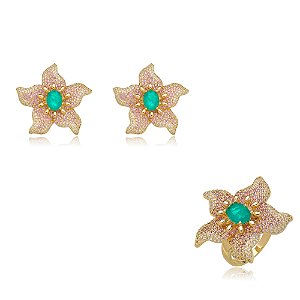 Conjunto luxo de brinco e anel banho em ouro 18k