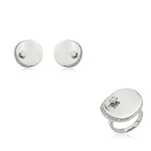 Conjunto de brinco e anel banho em rodio branco