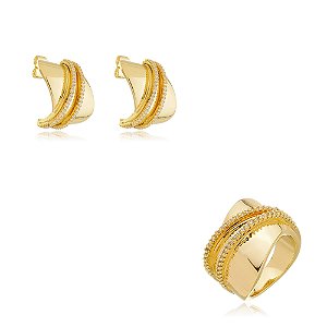 Conjunto de brinco e anel de zirconia banho em ouro 18k
