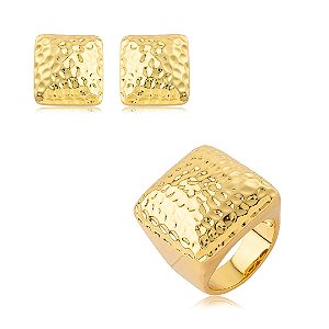 Conjunto de brinco e anel liso martelado banho em ouro 18k