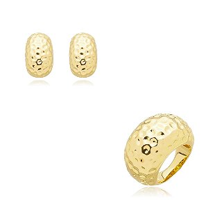Conjunto de brinco e anel liso martelado banho em ouro 18k