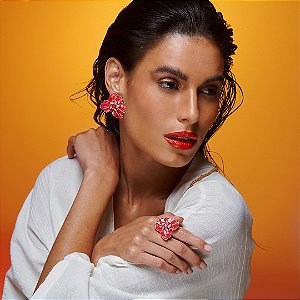 Conjunto de brinco e anel esmaltado banho em ouro 18k