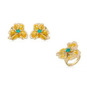 Conjunto de brinco e anel esmaltado banho em ouro 18k
