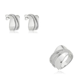 Conjunto de brinco e anel de zirconia banho em rodio branco