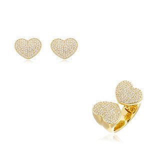Conjunto de brinco e anel com zirconia banho em ouro 18k