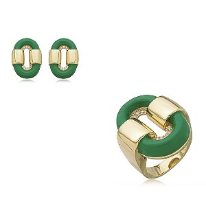 Conjunto de brinco e anel esmaltado banho em ouro 18k