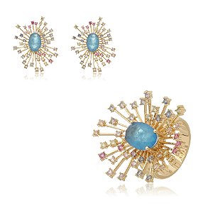 Conjunto de brinco e anel cravejado de zircônia colorida e pedra fusion topázio banho em ouro 18k