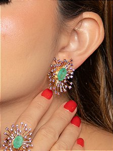 Conjunto de brinco e anel cravejado de zircônia ametista com pedra fusion turmalina banho em ouro 18k