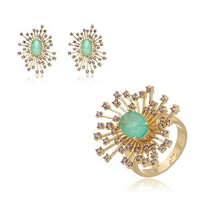 Conjunto de brinco e anel cravejado de zircônia ametista com pedra fusion turmalina banho em ouro 18k