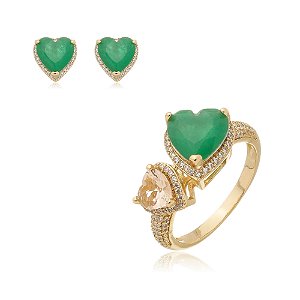 Conjunto de brinco e anel de coração com zirconia banho em ouro 18k