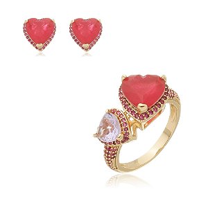 Conjunto de brinco e anel de coração com zirconia e pedra fusion banho em ouro 18k