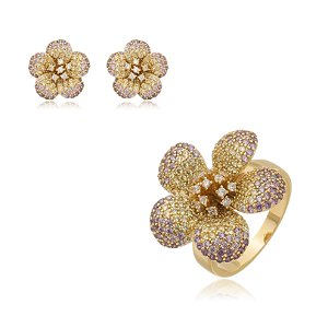 Conjunto de brinco e anel flor cravejado de zircônia ametista e citrino banho em ouro 18k