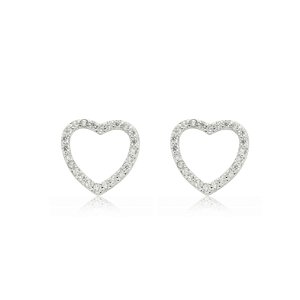 Brinco de base de coração com zirconia banho em rodio branco