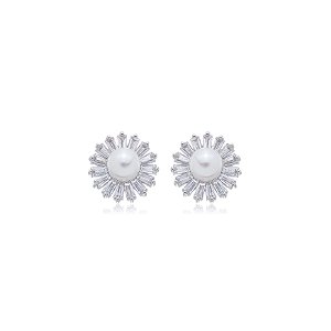 Brinco de perola com zirconia banho em rodio branco