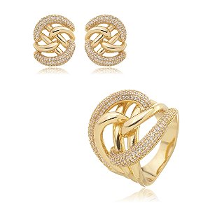 Conjunto de brinco e anel com zirconia banho em ouro 18k