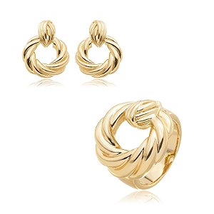 Conjunto de brinco e anel liso banho em ouro 18k