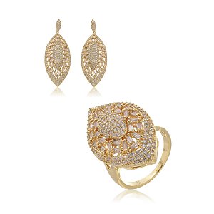 Conjunto de brinco e anel com zirconia banho em ouro 18k