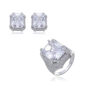 Conjunto de brinco e anel com zirconia banho em rodio branco