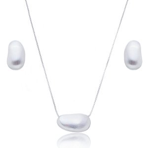 Conjunto de brinco e colar acetinado banho em rodio branco