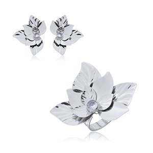 Conjunto de brinco e anel liso regulável banho em rodio branco