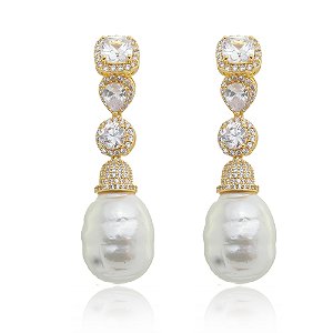 Brinco de perola cravejado de zirconia cristal banho em ouro 18k